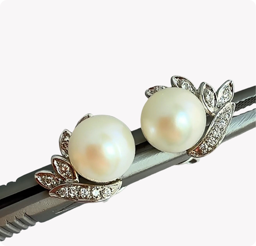South Sea Pearl and Diamond Leaf Stud Earrings in 18K White Gold