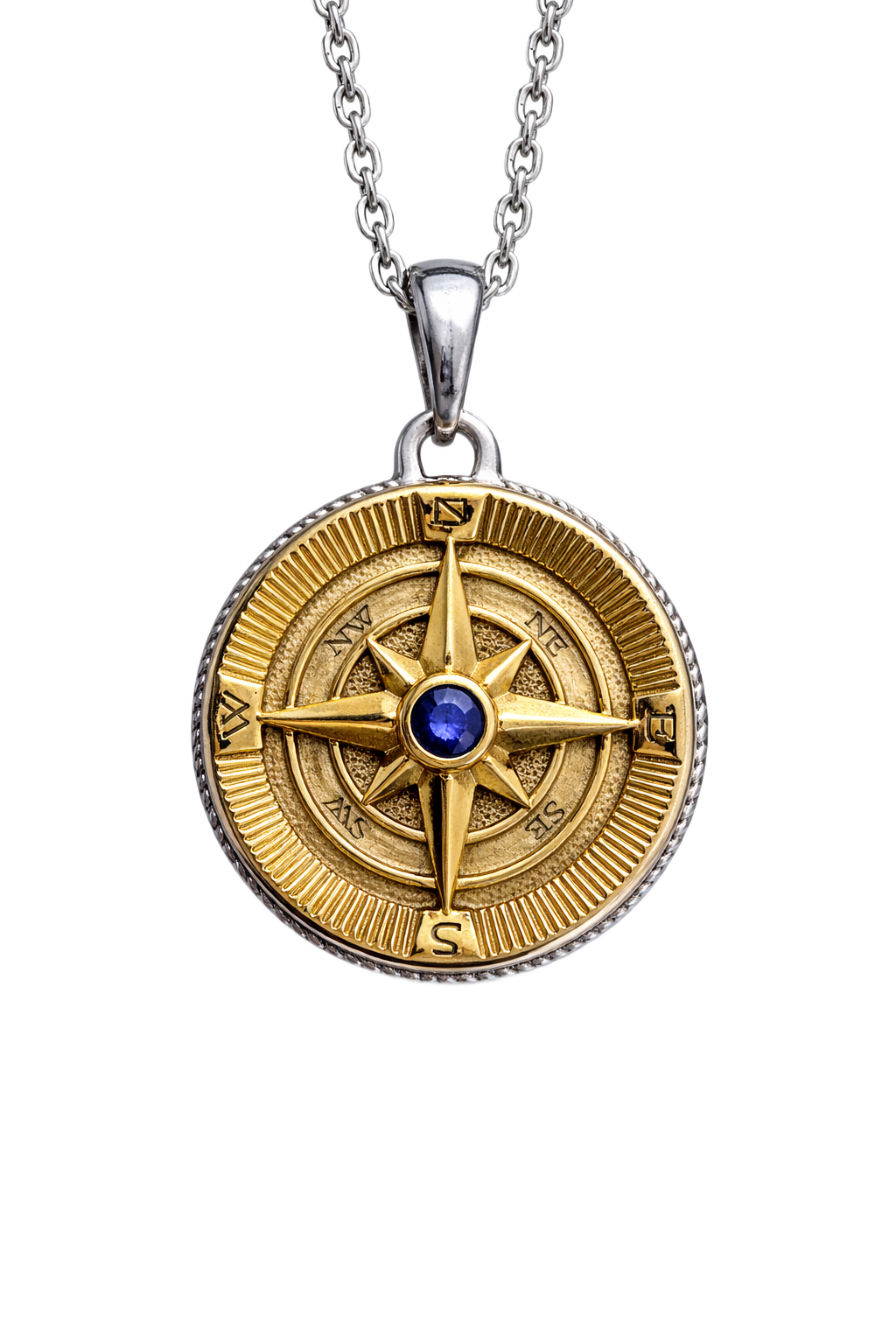 Gold Compass Rose Sapphire Pendant Necklace