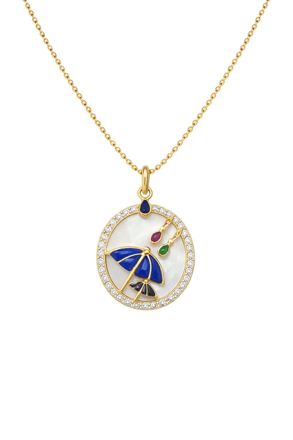 Gold Mother Of Pearl Lapis Dancer Gemstone Circle Pendant Necklace