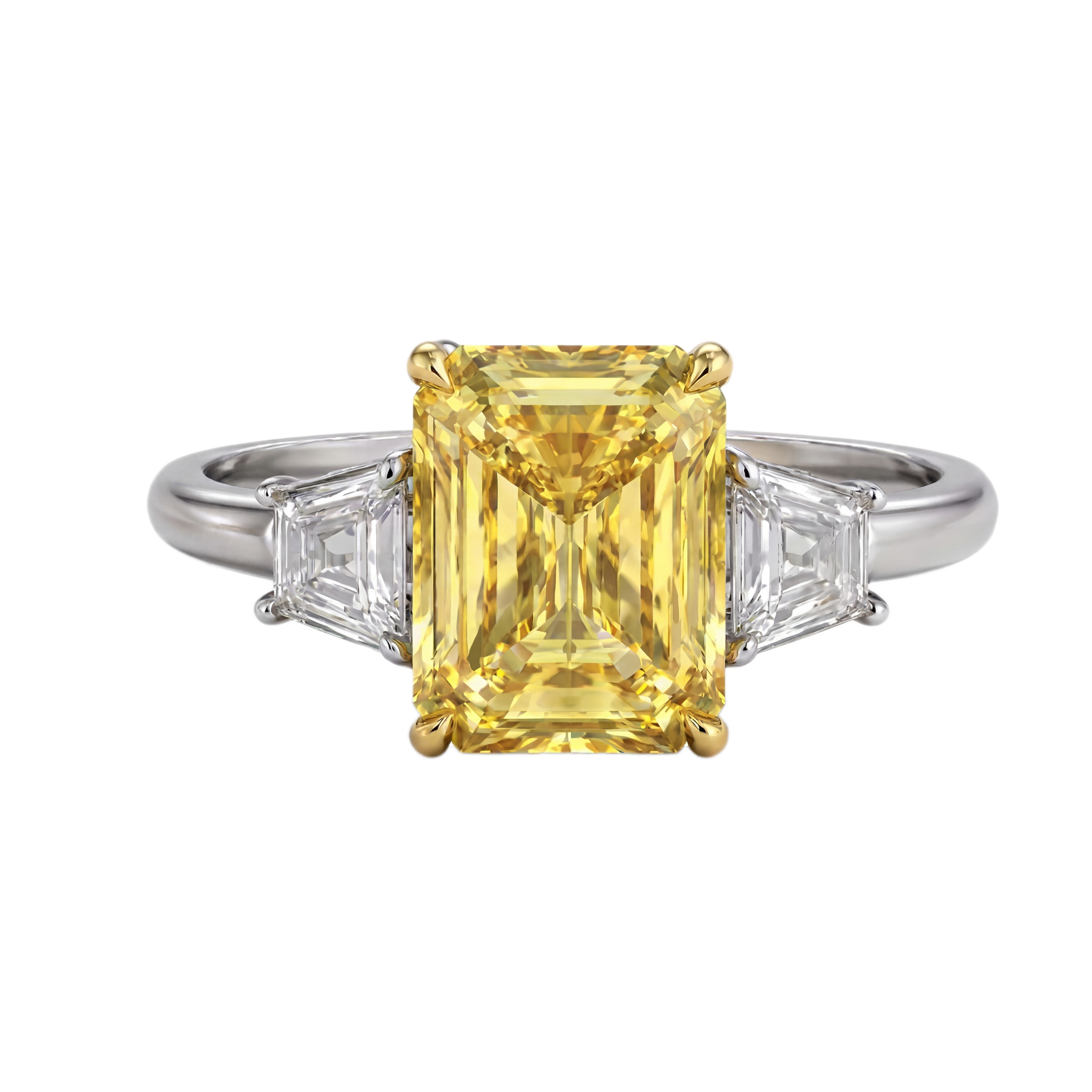 Platinum Yellow Diamond Emerald Cut Three Stone Trapezoid Ring
