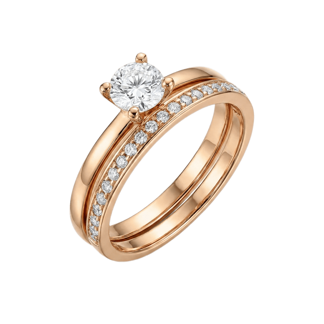 Rose Gold Round Solitaire Diamond Engagement Ring With Pave Band
