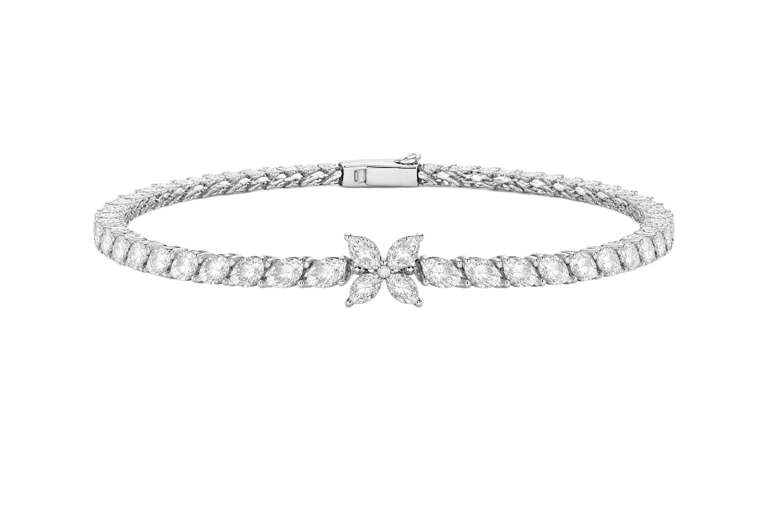 White Gold Diamond Tennis Bracelet Marquise Flower Center