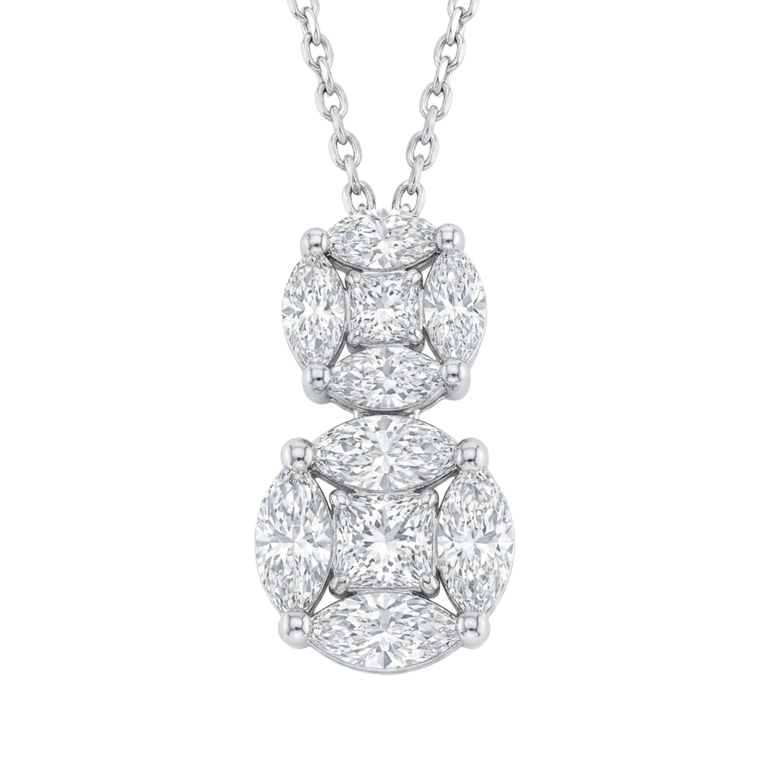 White Gold Double Cushion Diamond Cluster Drop Pendant Necklace