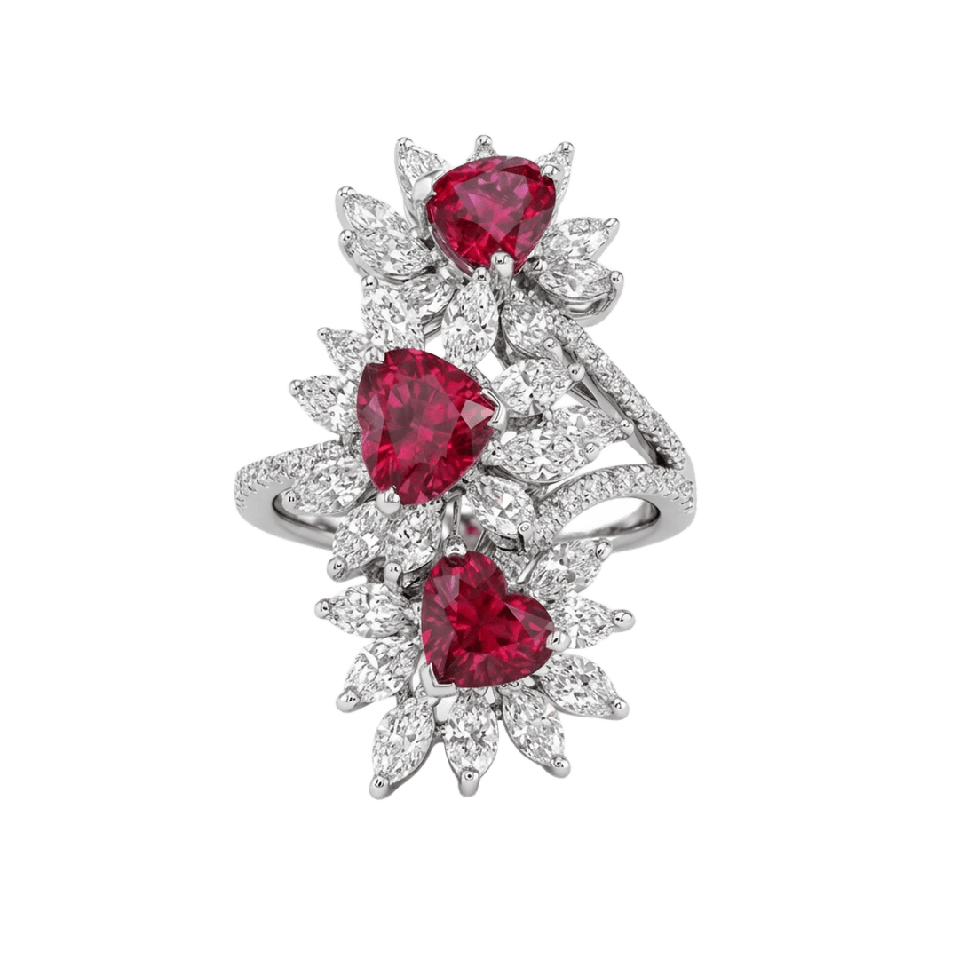 White Gold Triple Ruby Diamond Cluster Cocktail Ring
