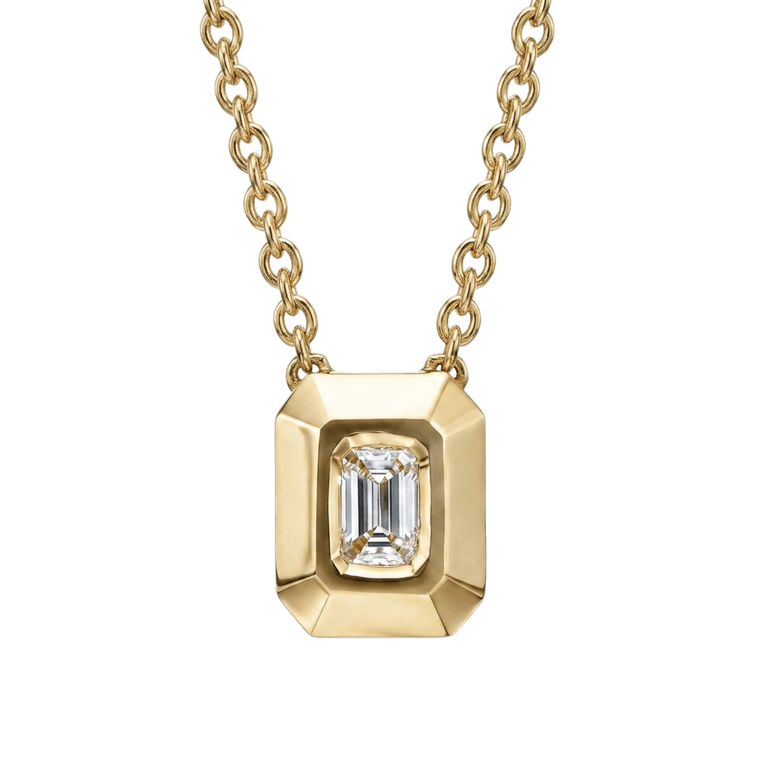 Yellow Gold Emerald Cut Diamond Bezel Pendant Necklace