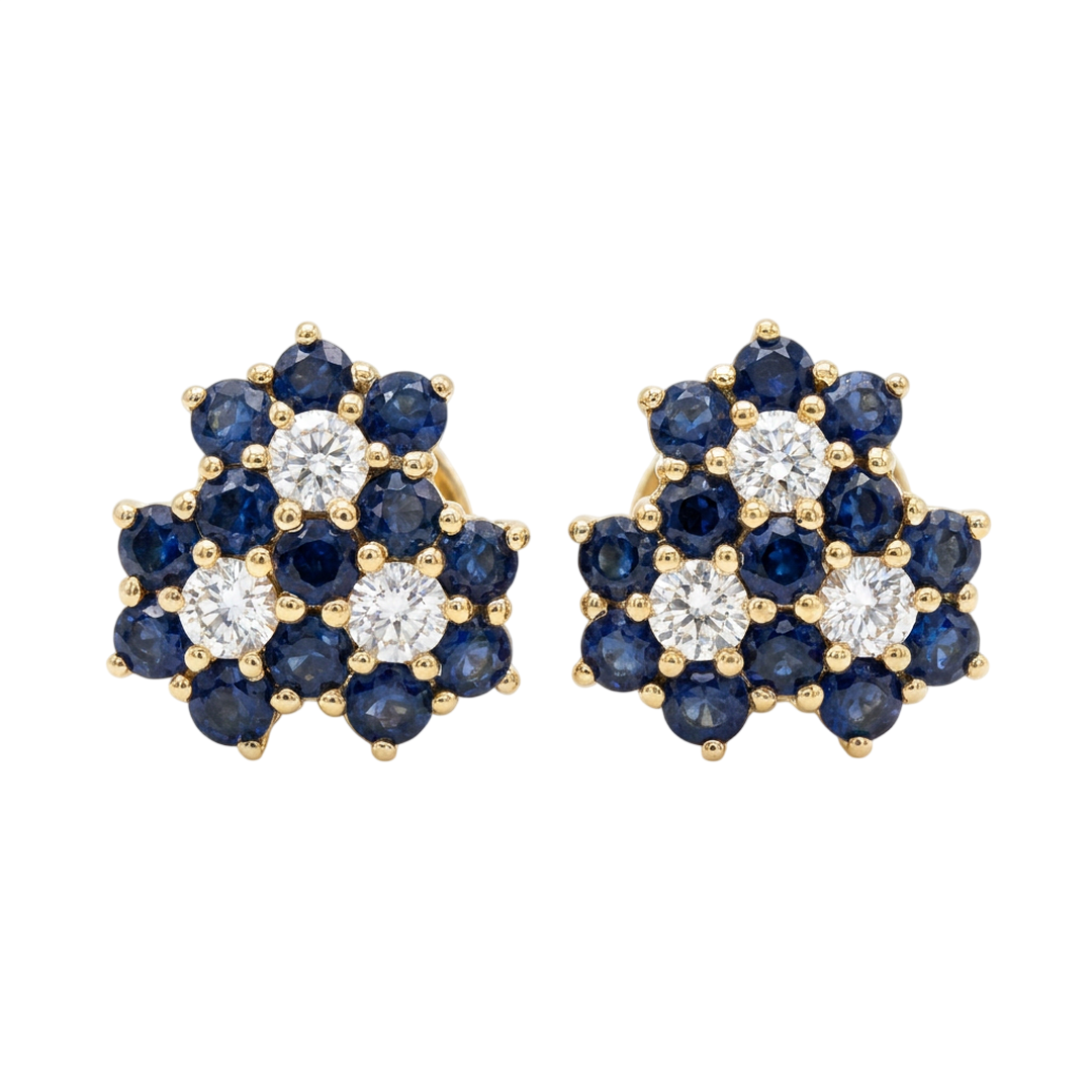 Yellow Gold Sapphire Diamond Cluster Flower Stud Earrings